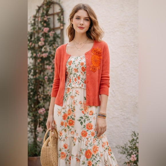 Anthropologie Sweaters - Tabitha Anthropologie lightweight cashmere wool cardi silk floral appliqué sz M